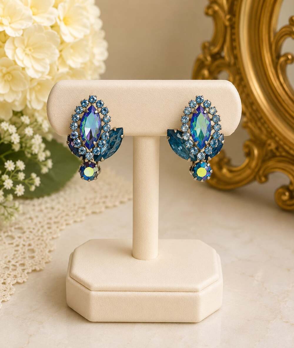 Vintage Weiss Blue Rhinestone Clip-On Earrings with Aurora Borealis Accents